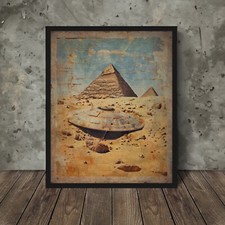 Listing image for Vintage EGYPTIAN UFO CRASH Wall Art, Alien Pyramid UAP Egypt Decor Sci-fi Poster