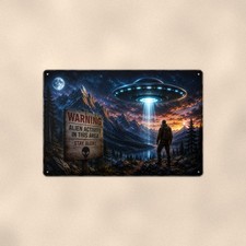 Listing image for Campground UFO Warning Aluminum Sign, Alien Fan Gift, Space Room Decor