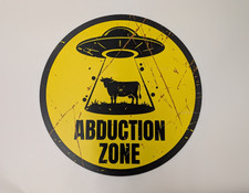 Listing image for Abduction Zone UFO Warning Sign Sticker 500mm | Rustic Style Alien Cow Sticker