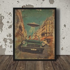 Listing image for Vintage CAR UFO Wall Art, UAP Europe Alien Decor, Retro Sci-fi Racing Art Poster