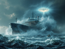 Listing image for A Glowing UFO Beams Down on Ships on a Stormy Sea Poster Print